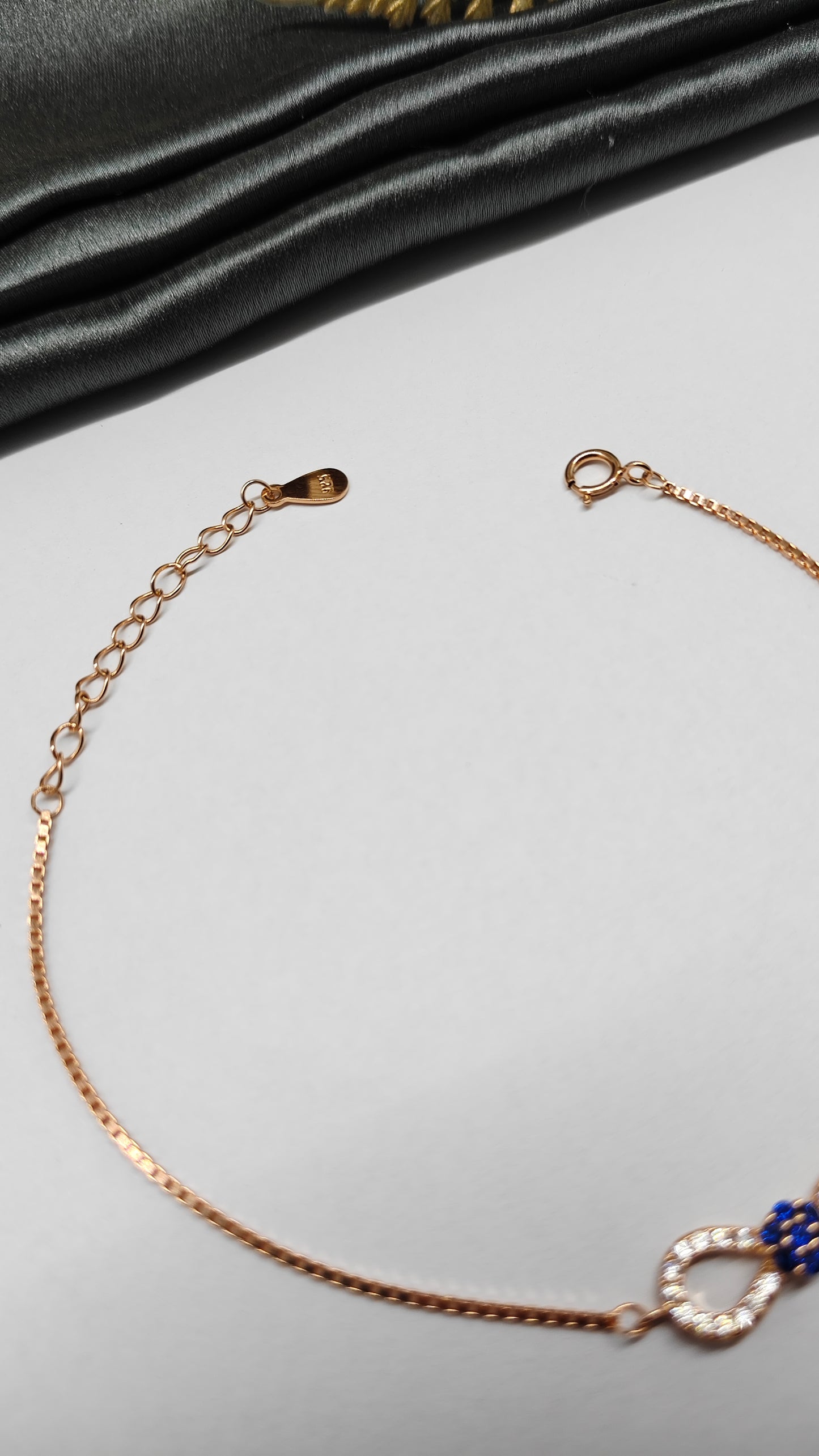 925 Silver Rose Gold Colour Small Infinity Blue With White Stone Design Bracelet