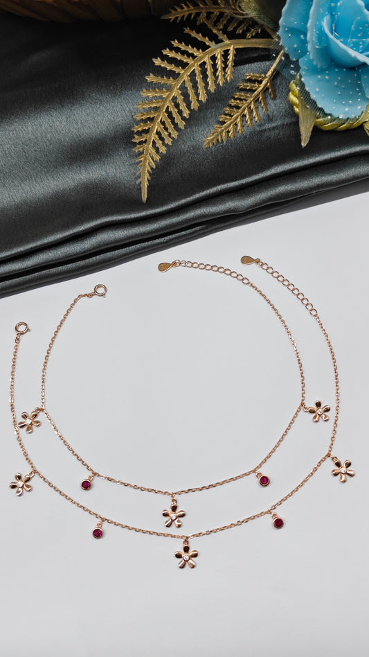 925 Silver Rose Gold Colour Red Stone With White Stone Flower Hanging Design Anklets