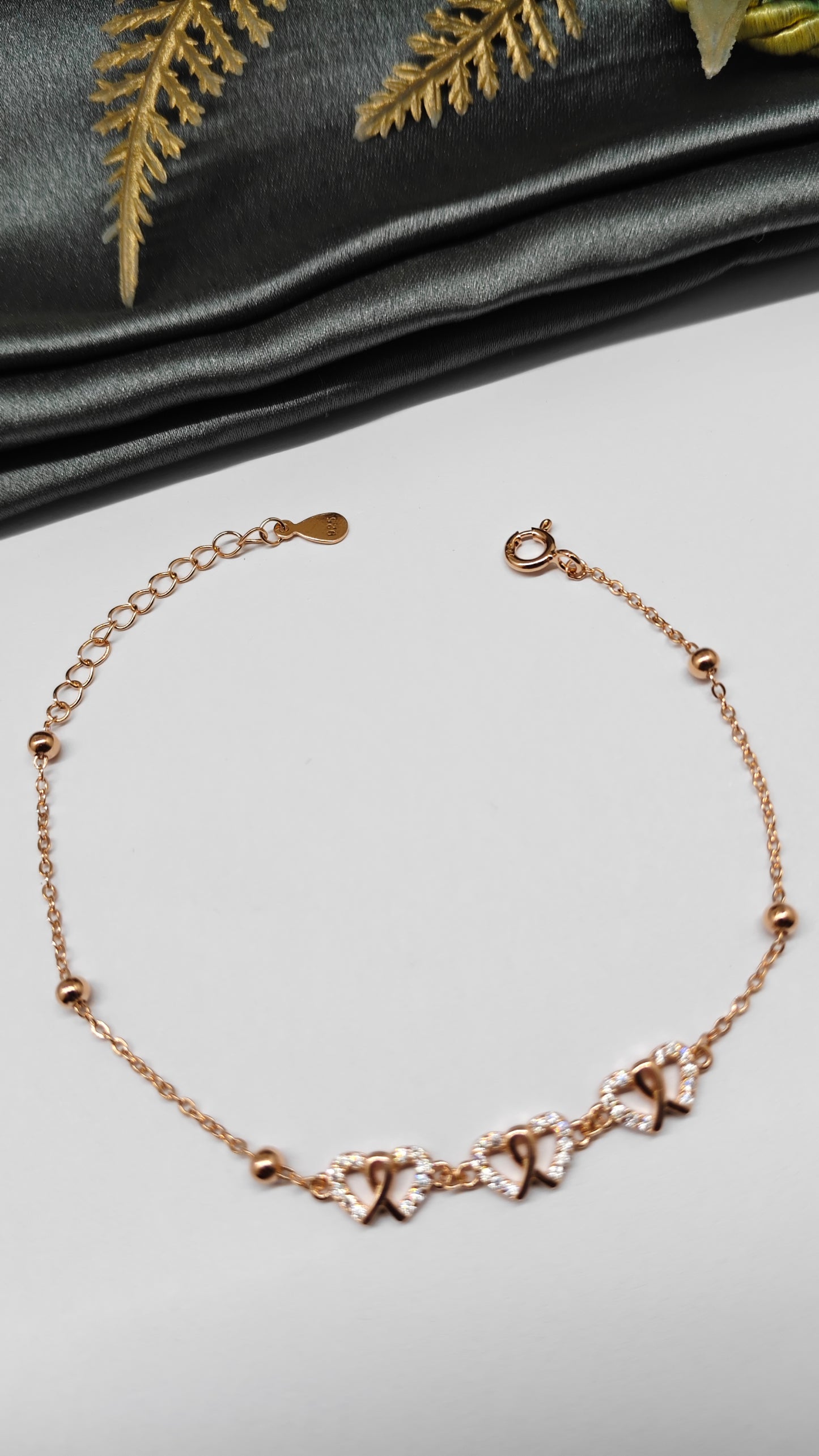 925 Silver Rose Gold Colour Small Double Heart Design Bracelet
