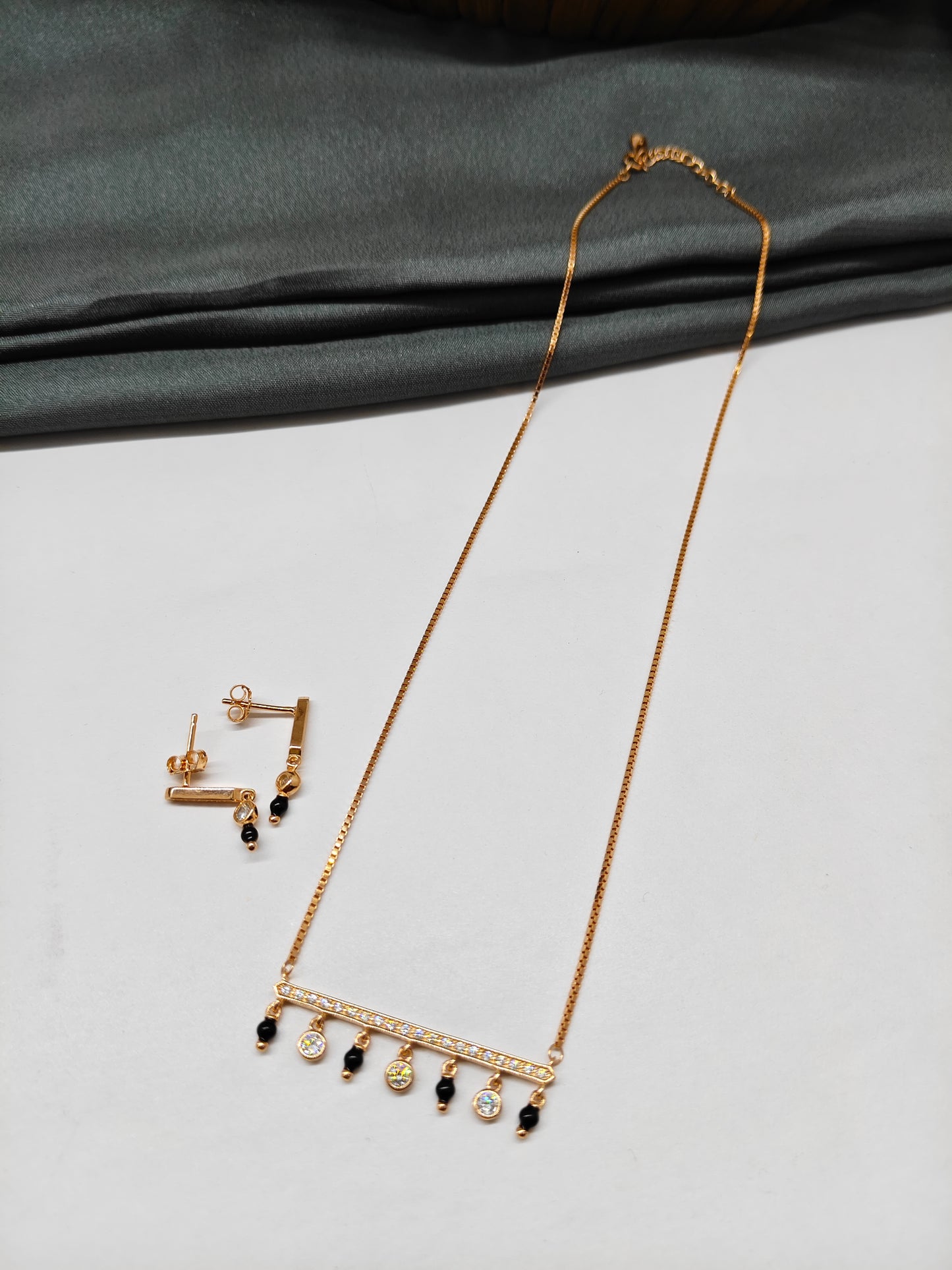 925 Silver Rose Gold Colour Mangalsutra Black Beads White Stone Necklace Set