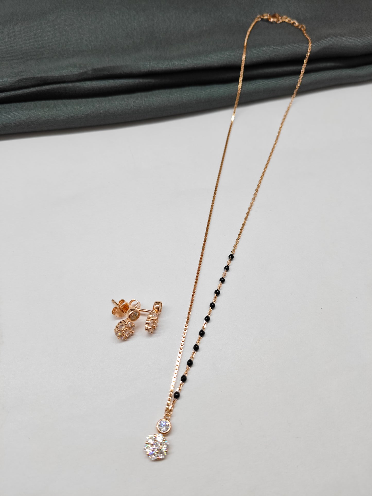 925 Silver Rose Gold Colour Mangalsutra Black Beads Round White Stone Necklace Set
