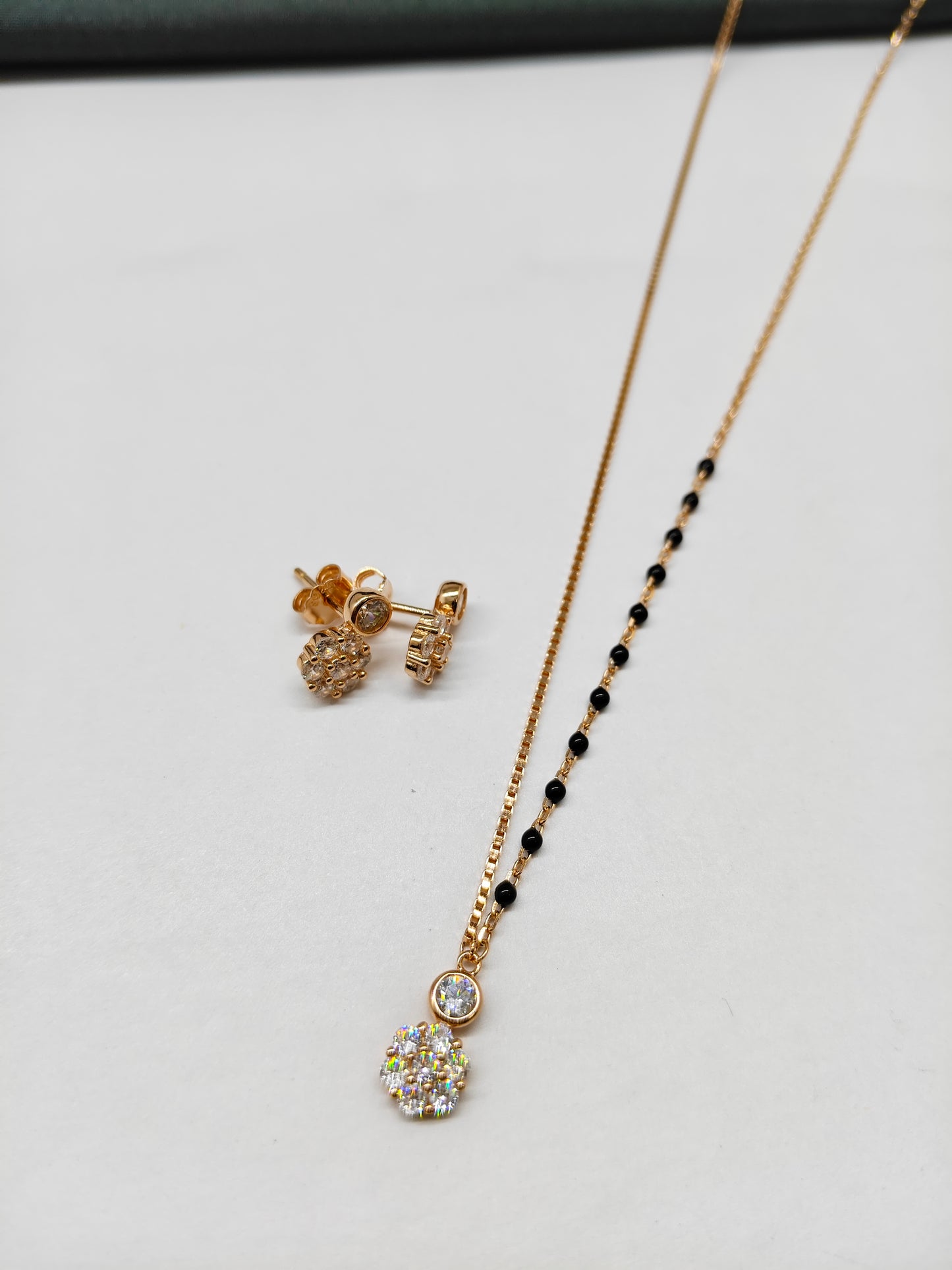 925 Silver Rose Gold Colour Mangalsutra Black Beads Round White Stone Necklace Set