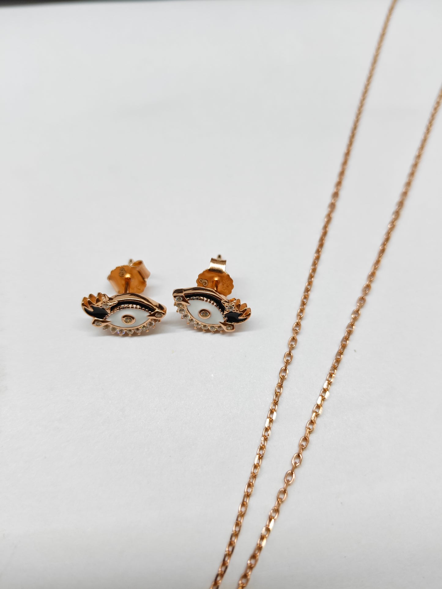 925 Silver Rose Gold Colour Evil Eye Black Enamel Design Necklace Set