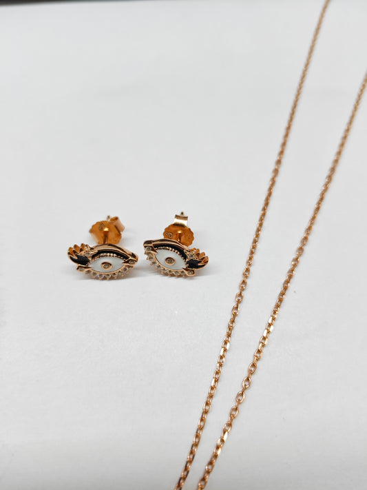 925 Silver Rose Gold Colour Evil Eye Black Enamel Design Necklace Set
