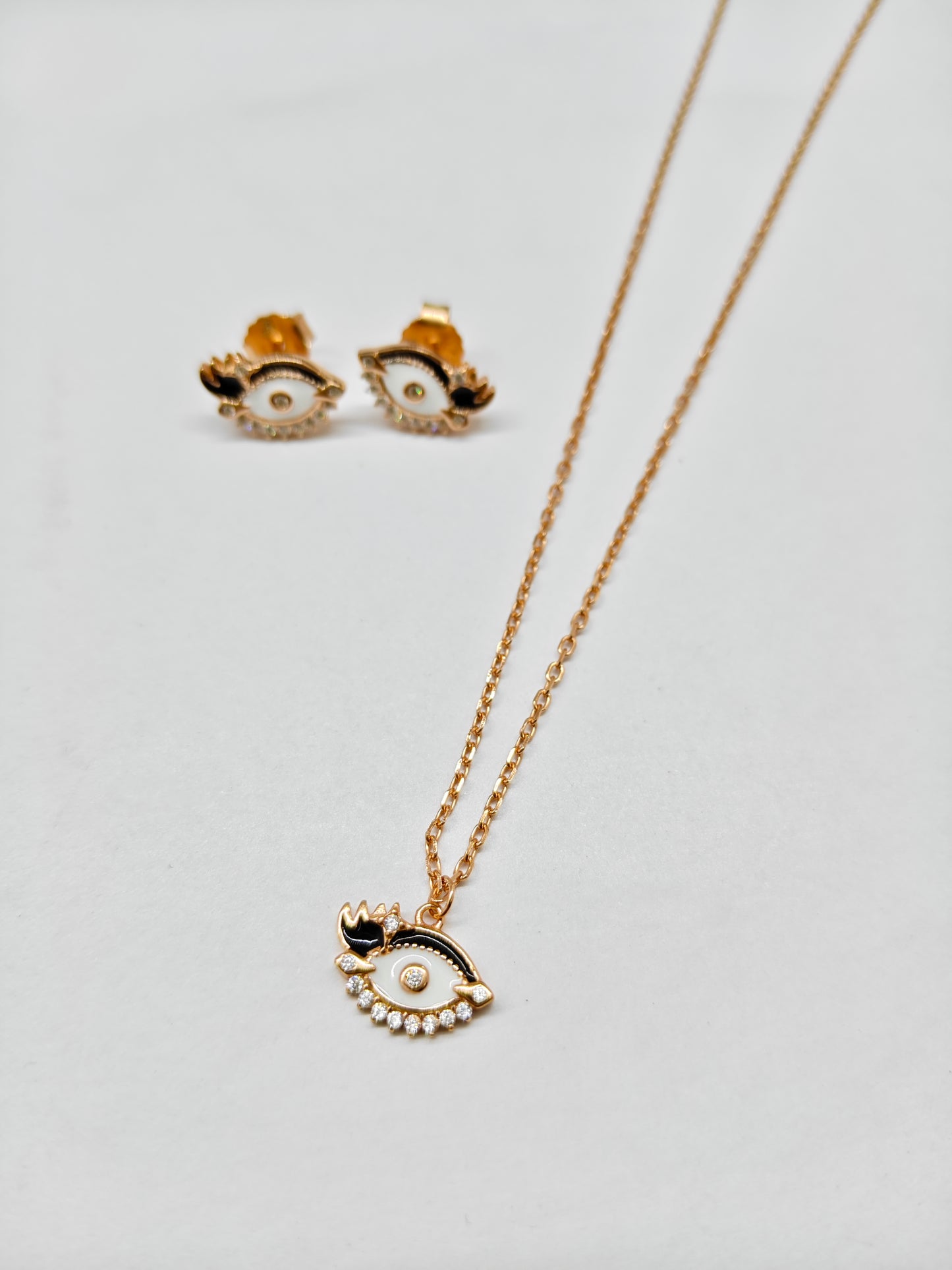 925 Silver Rose Gold Colour Evil Eye Black Enamel Design Necklace Set