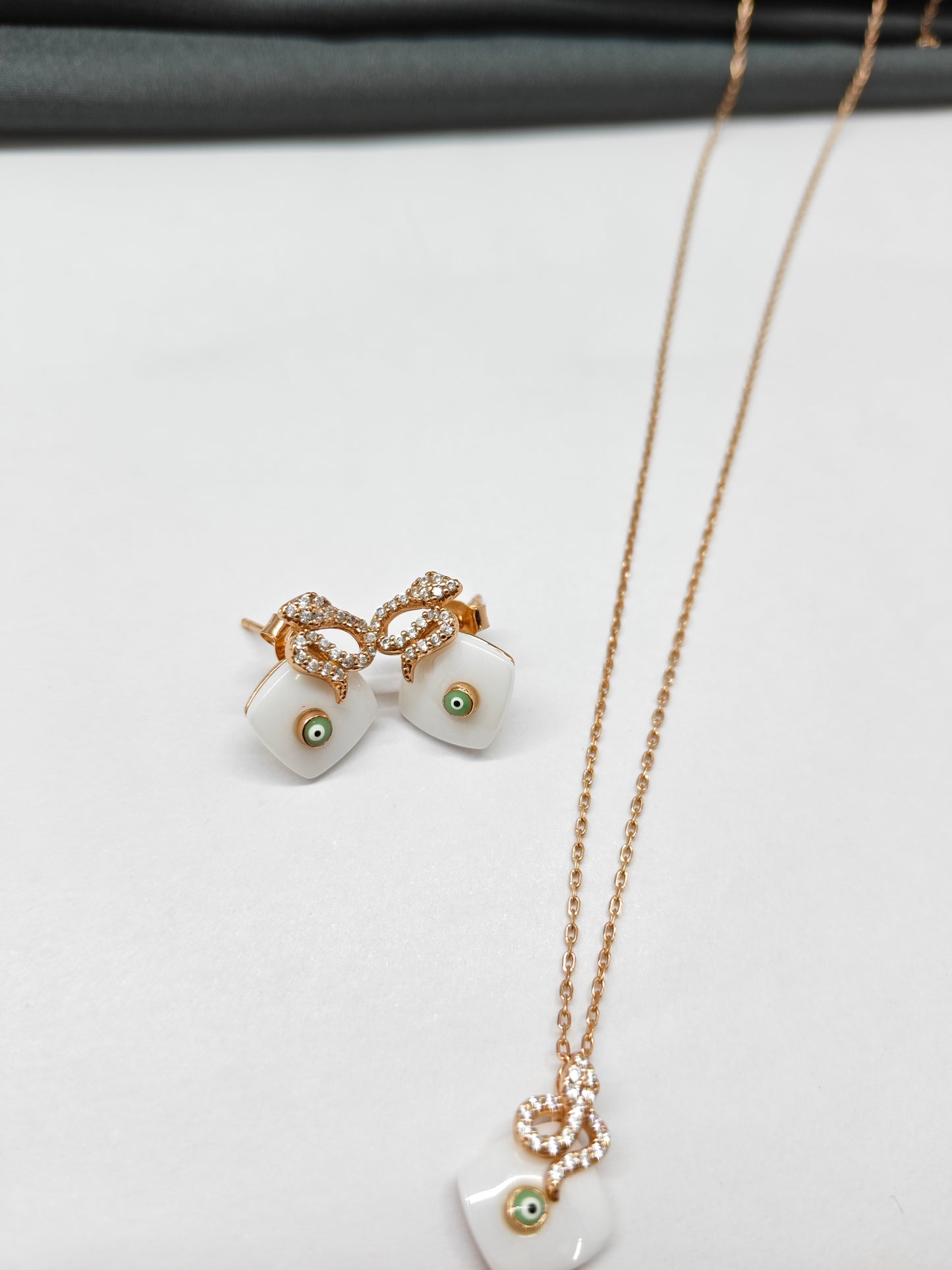 925 Silver Rose Gold Colour Evil Eye Snake Design Necklace Set