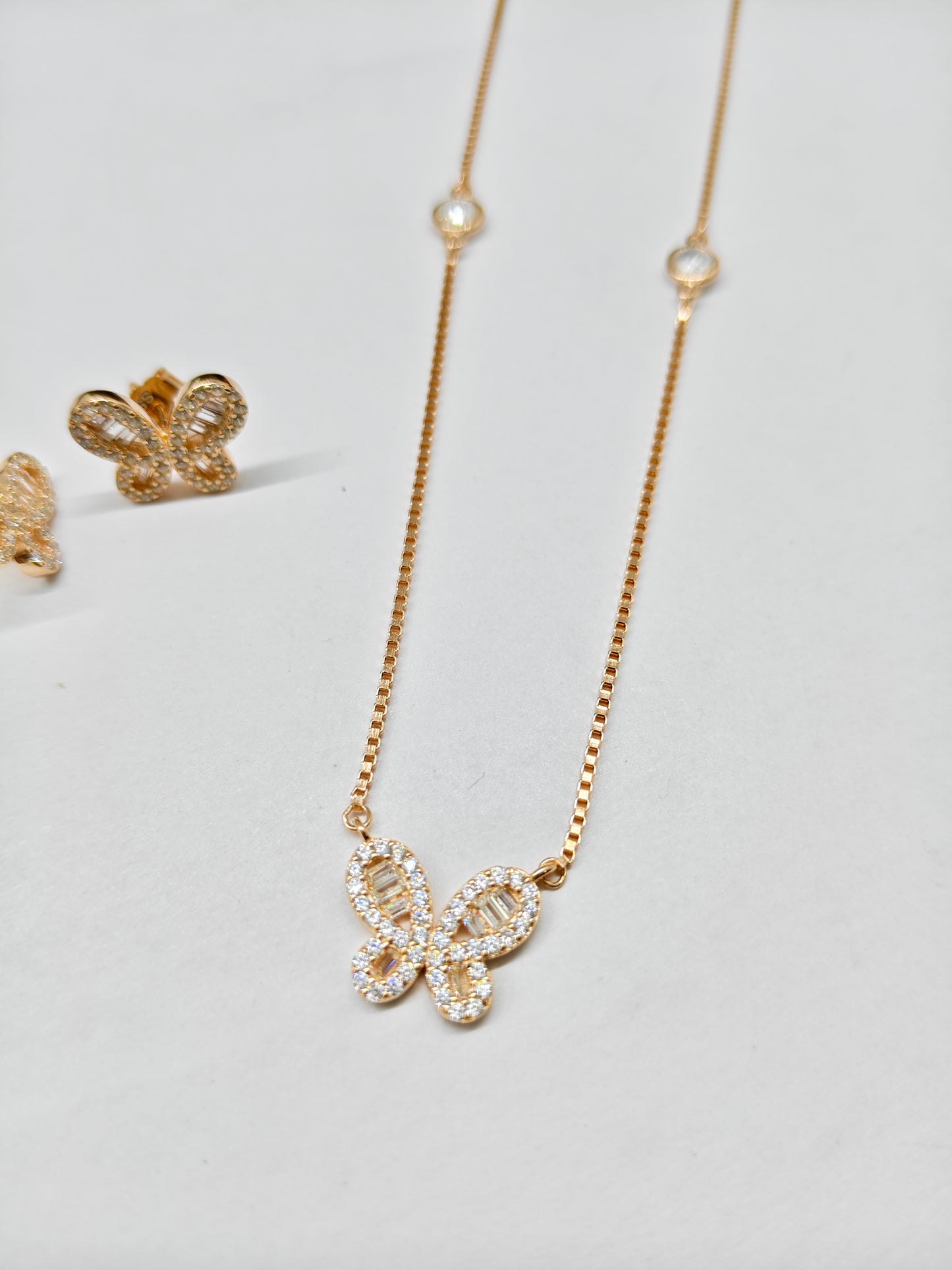 925 Silver Rose Gold Colour Butterfly Design Stone Necklace Set
