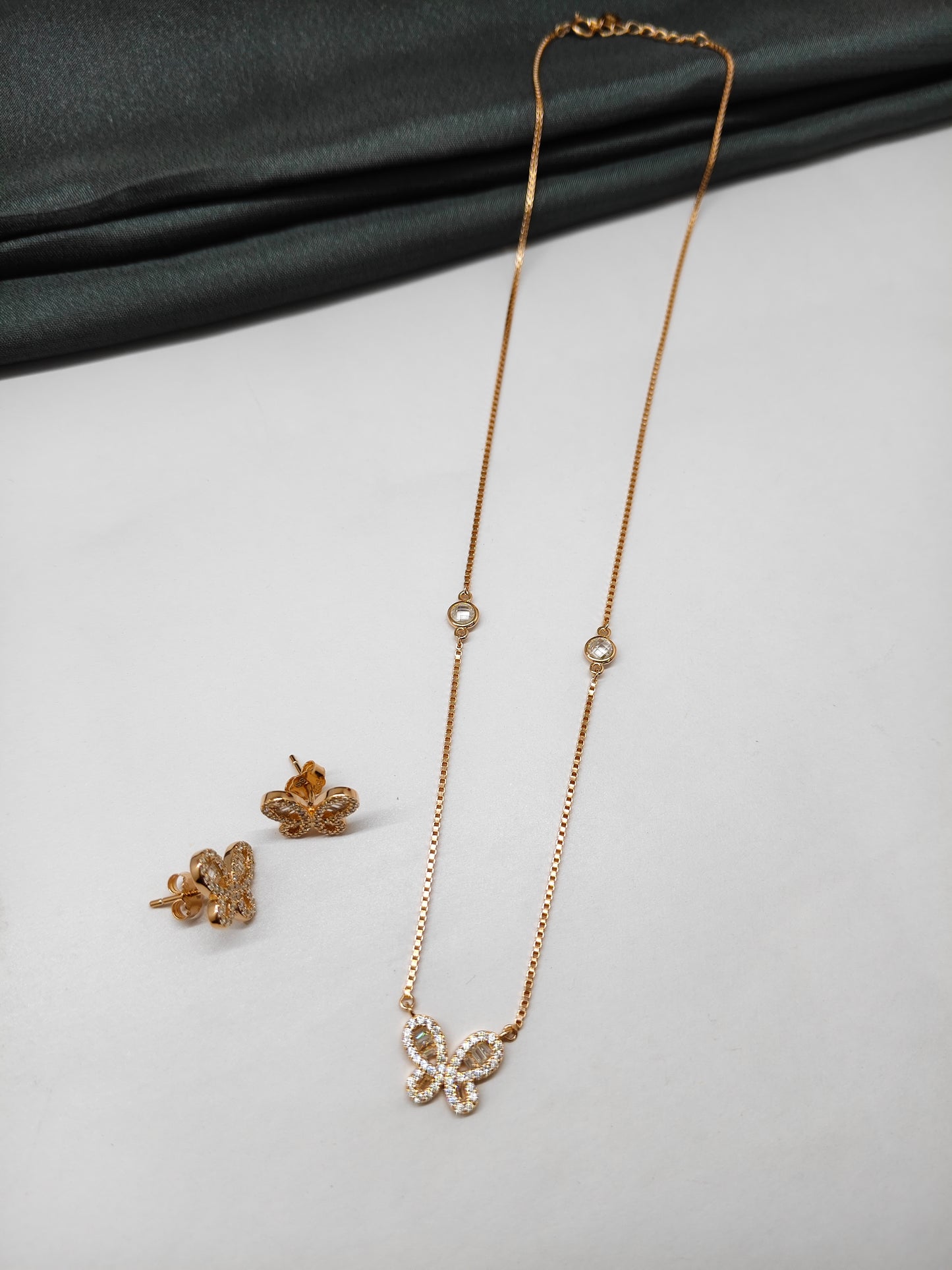 925 Silver Rose Gold Colour Butterfly Design Stone Necklace Set