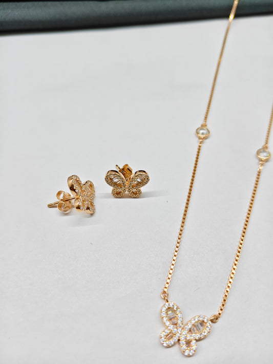 925 Silver Rose Gold Colour Butterfly Design Stone Necklace Set