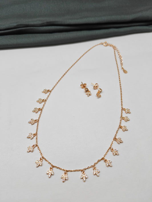 925 Silver Rose Gold Colour Flower Hanging Design Stone Necklace Set