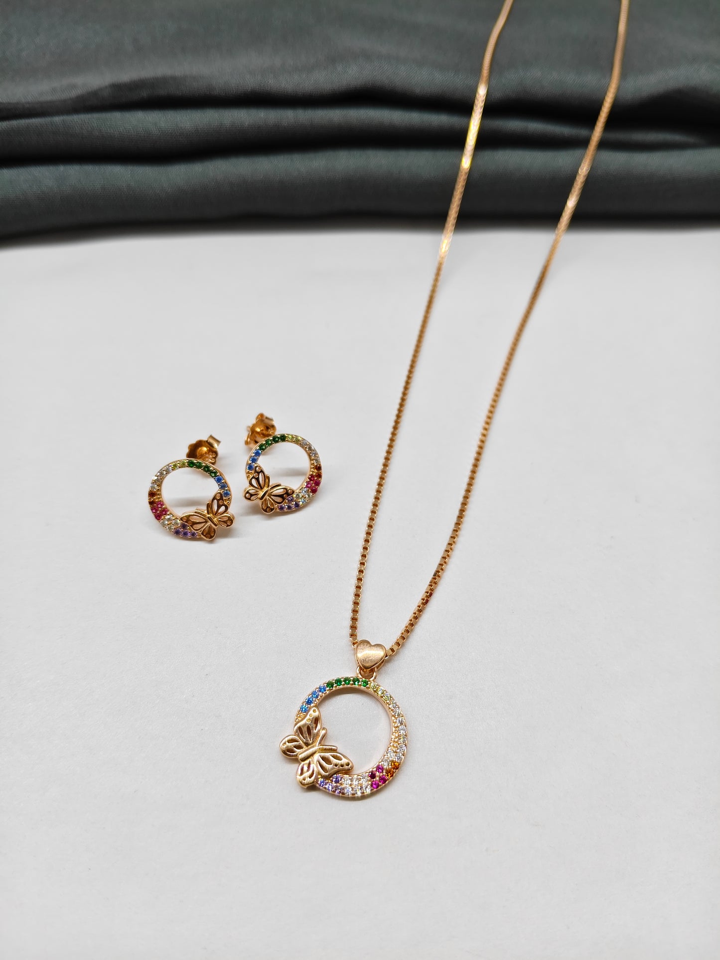 925 Silver Rose Gold Colour Multiple Colour Stone With Butterfly Design Set