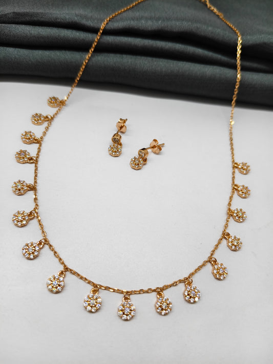 925 Silver Rose Gold Colour Flower Design Stone Necklace Set
