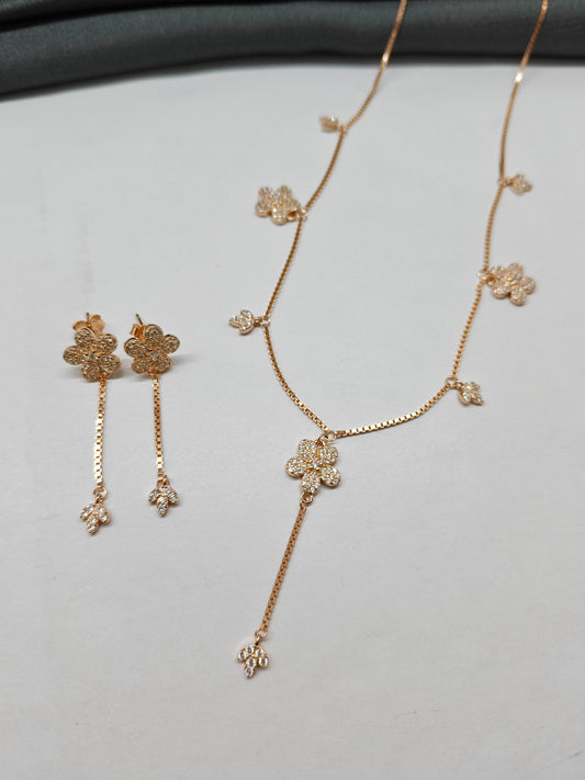 925 Silver Rose Gold Colour Flower Hanging Design Necklace Set