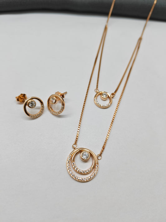 925 Silver Rose Gold Colour Double Layer Round Design Necklace Set