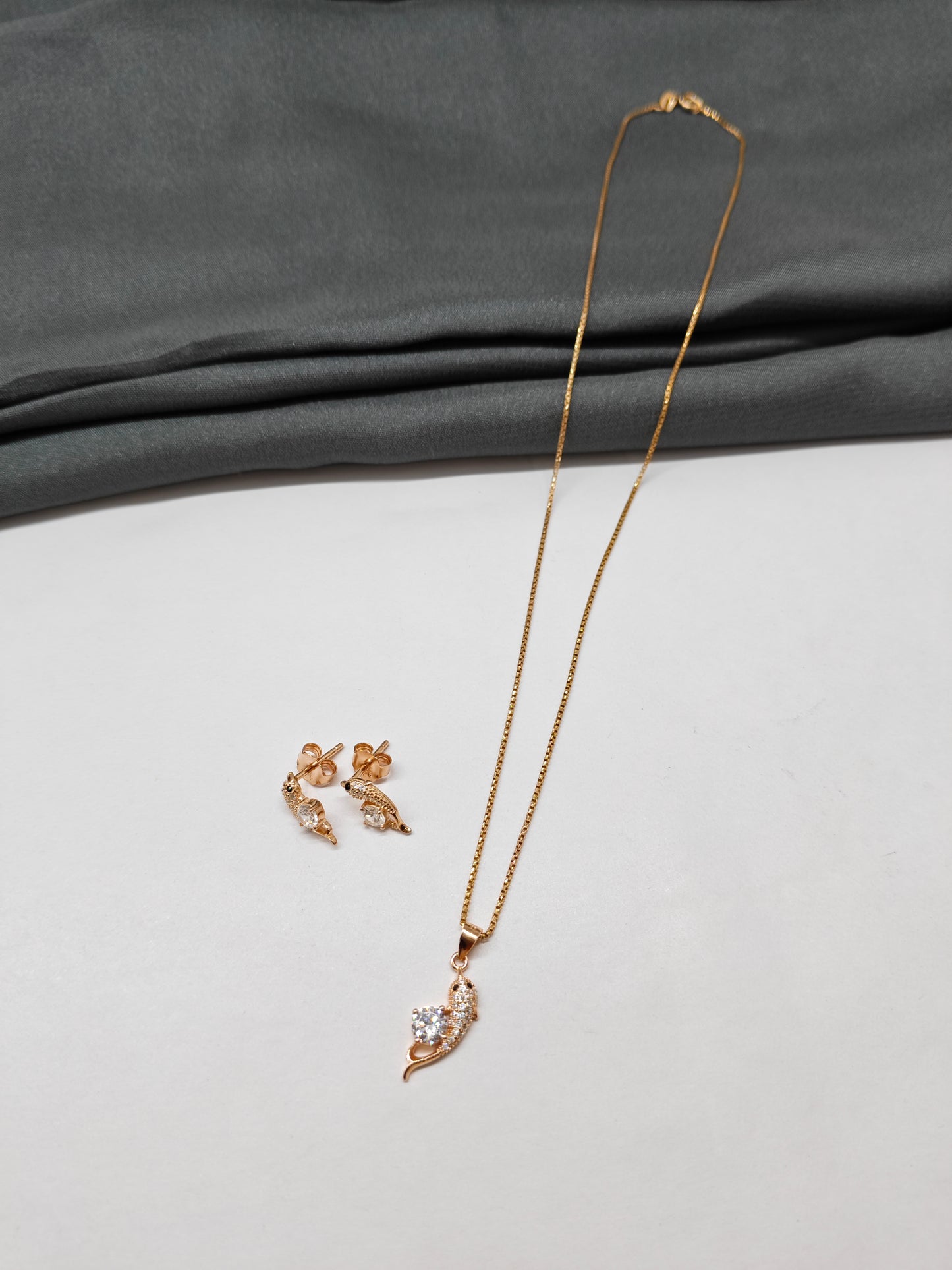 925 Silver Rose Gold Colour Black Stone With White Stone Dolphin Set