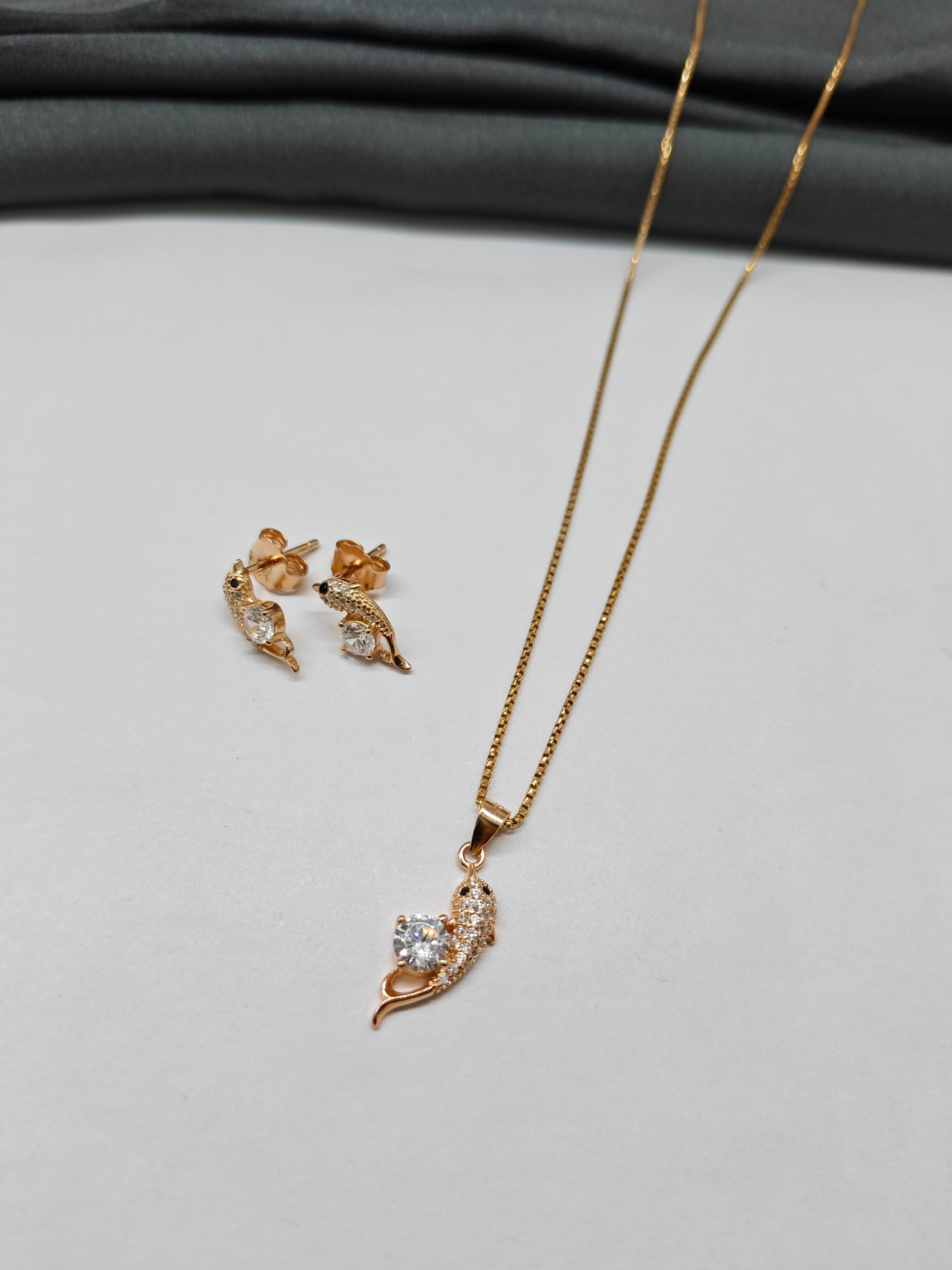 925 Silver Rose Gold Colour Black Stone With White Stone Dolphin Set