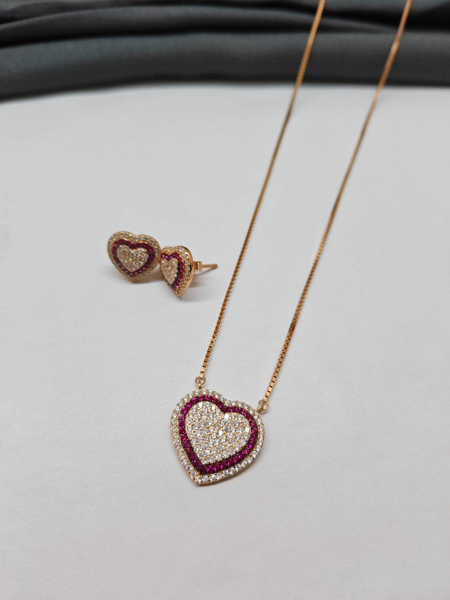 925 Silver Rose Gold Colour White Stone With Ruby Heart Design Set