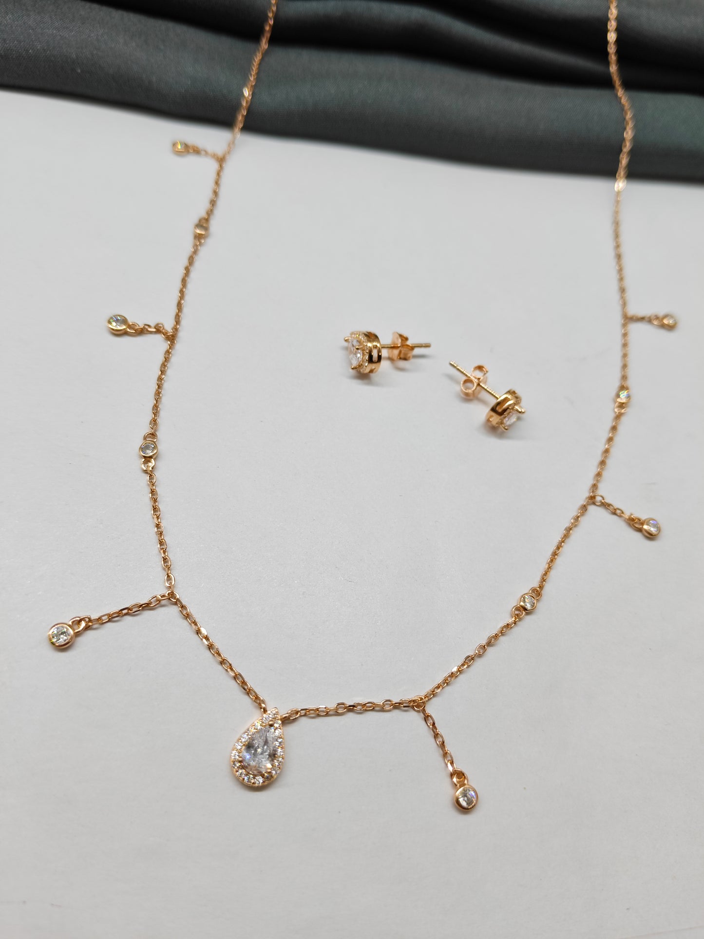 925 Silver Rose Gold Colour Multiple White Stone Design Necklace Set