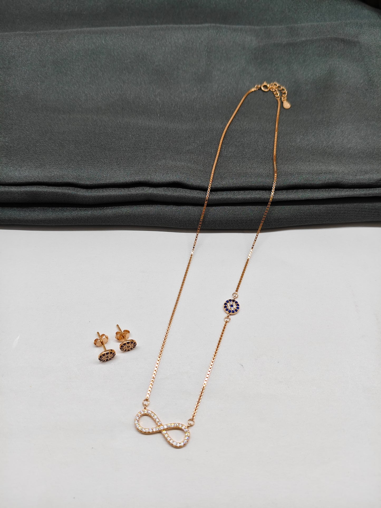 925 Silver Rose Gold Colour Infinity With Evil Eye Design Set