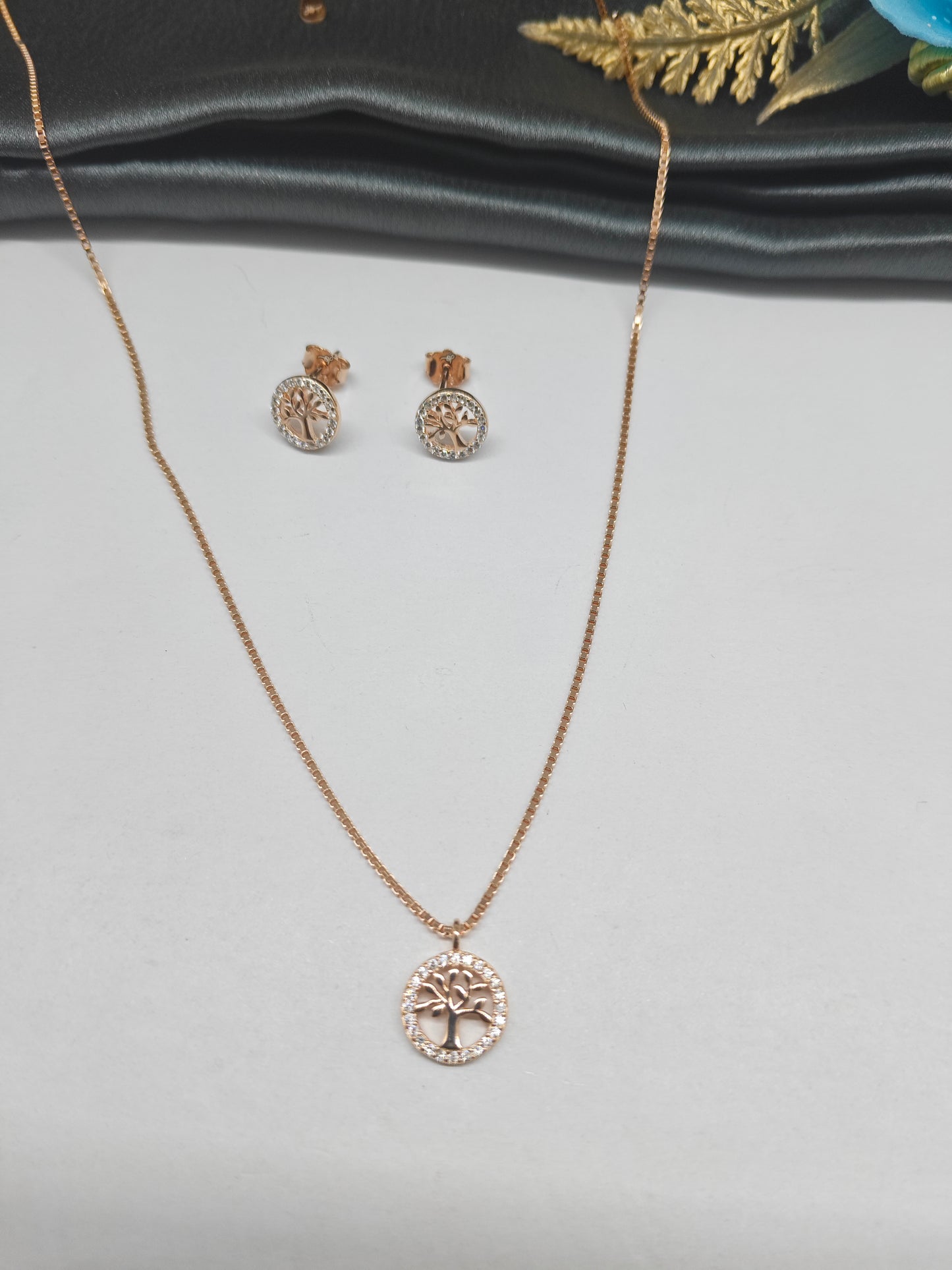 925 Silver Rose Gold Colour Round Tree Pendant Chain Design Set With Earring