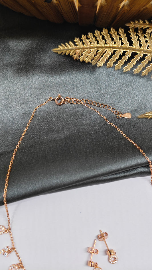 925 Silver Rose Gold Colour Round and Triangle Hanging Design Stone Necklace Set