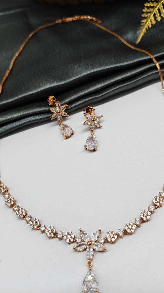 925 Silver Rose Gold Colour White Stone Star Hanging Design Set With Earring