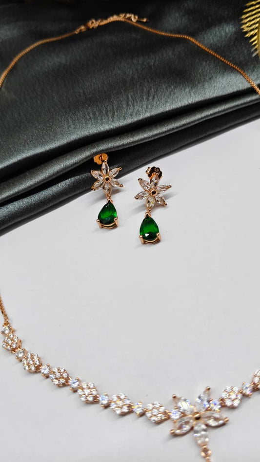 925 Silver Rose Gold Colour White With Green Stone Star Hanging Design Set With Earring