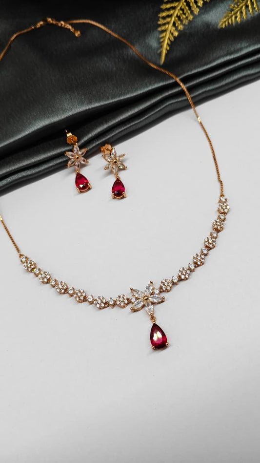 925 Silver Rose Gold Colour White With Red Stone Star Hanging Design Set With Earring