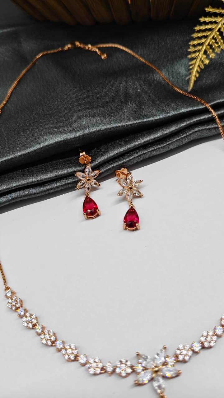 925 Silver Rose Gold Colour White With Red Stone Star Hanging Design Set With Earring