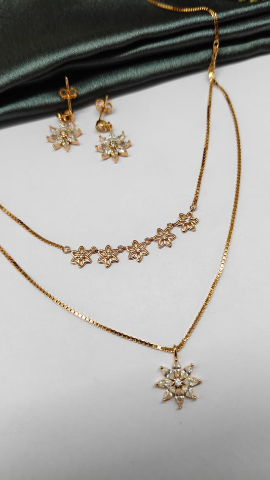 925 Silver Rose Gold Colour White Stone Star Double Layer Hanging Design Set With Earring