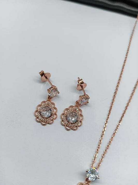 925 Silver Rose Gold Colour White Stone Solitare Design Neckles Set With Earrings