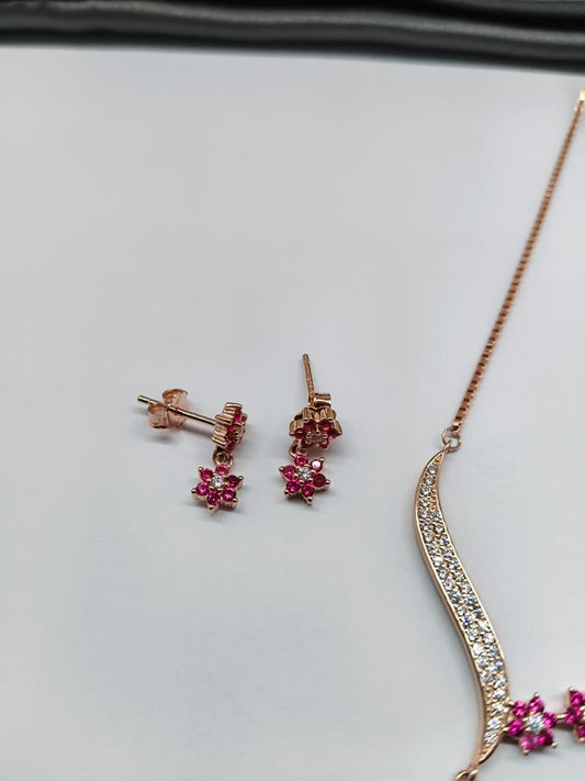 925 Silver Y Design White Stone With Pink Stone Single Side Black Beads Mangalsutra Set Witgh Earrings