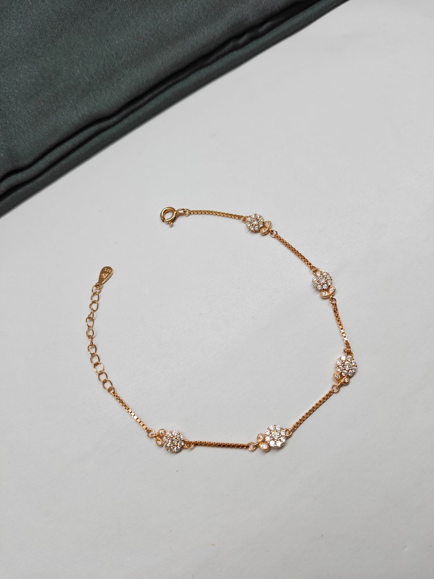 925 Silver Rose Gold Colour Flower Design Bracelet