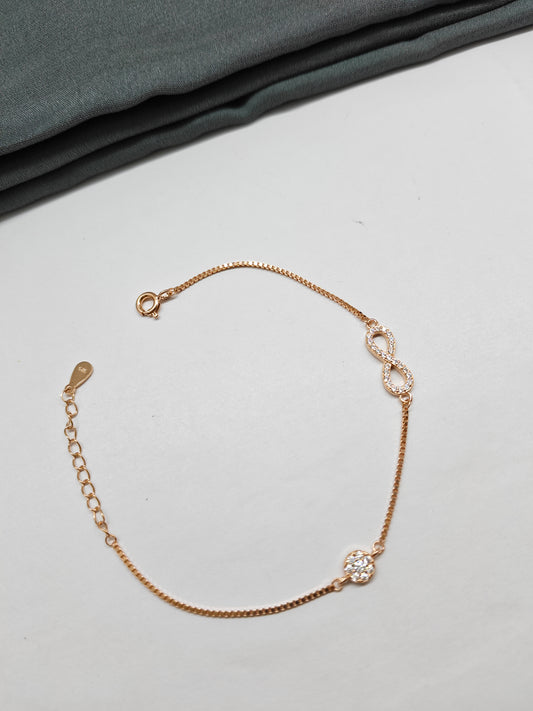 925 Silver Rose Gold Colour Infinity With 7 White Stone Design Bracelet