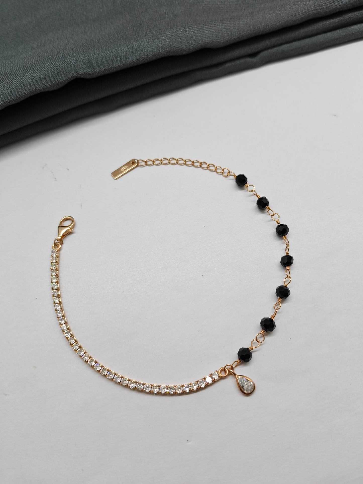 925 Silver Rose Gold Colour Hand Mangalsutra Black Beads Design Bracelet