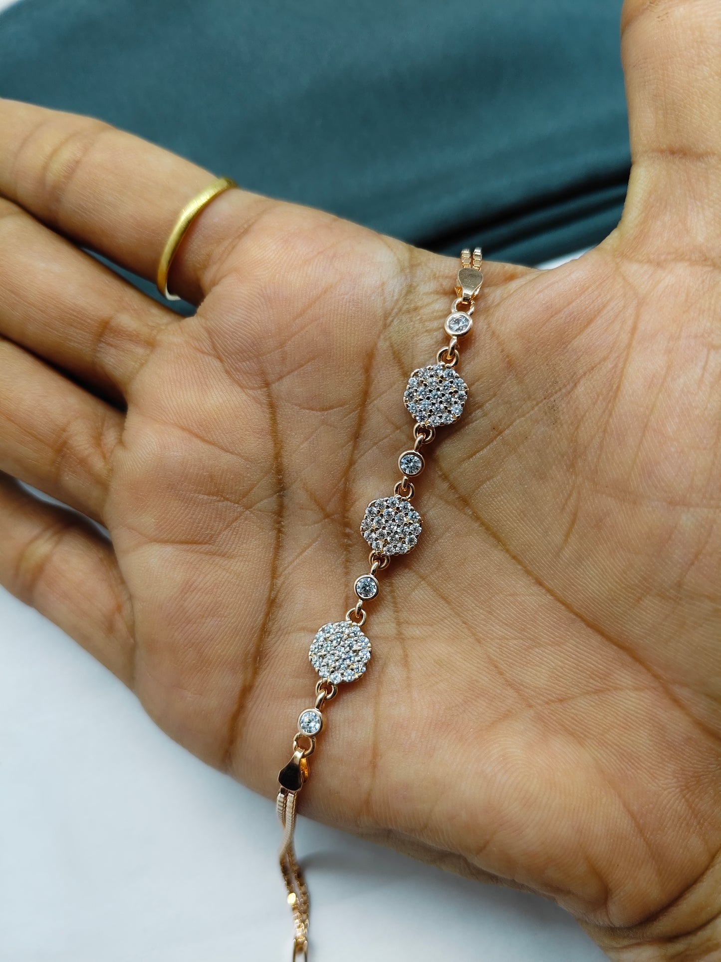 925 Silver Rose Gold Colour Double Layer White Stone Design Bracelet