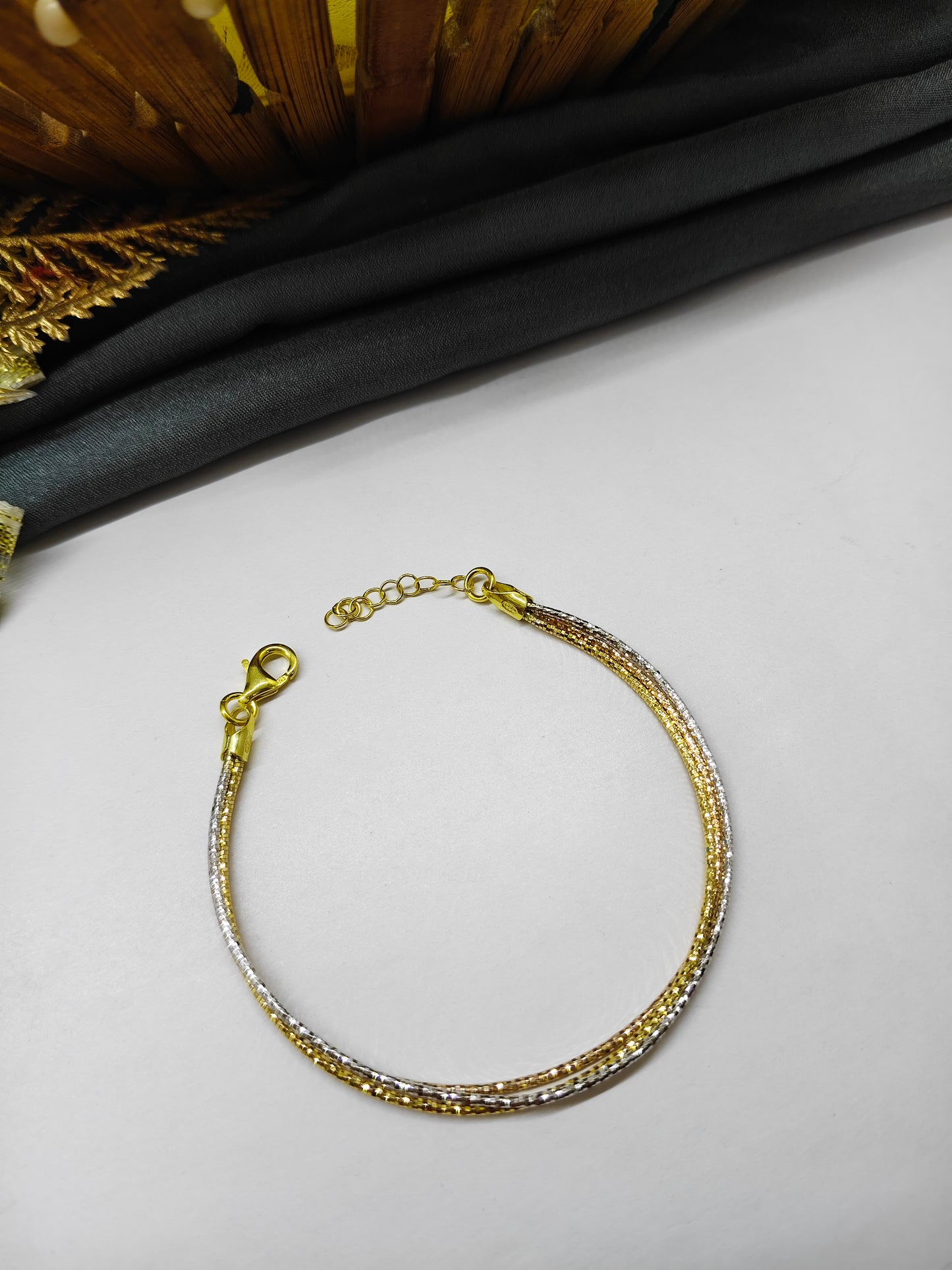 925 Silver Multi-Colour 3 Layer Kada Rose-Gold-Silver Design Bracelet