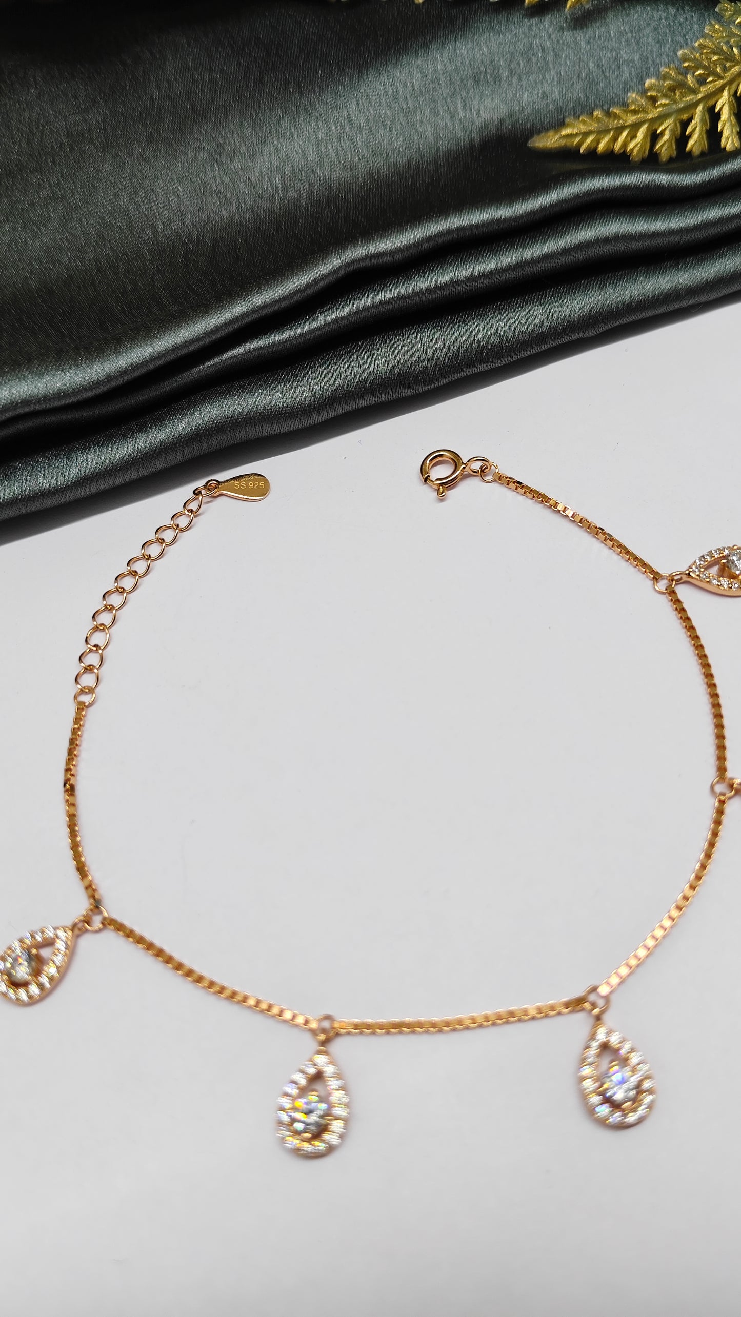 925 Silver Rose Gold Colour Drop Stone Hanging Design Bracelet