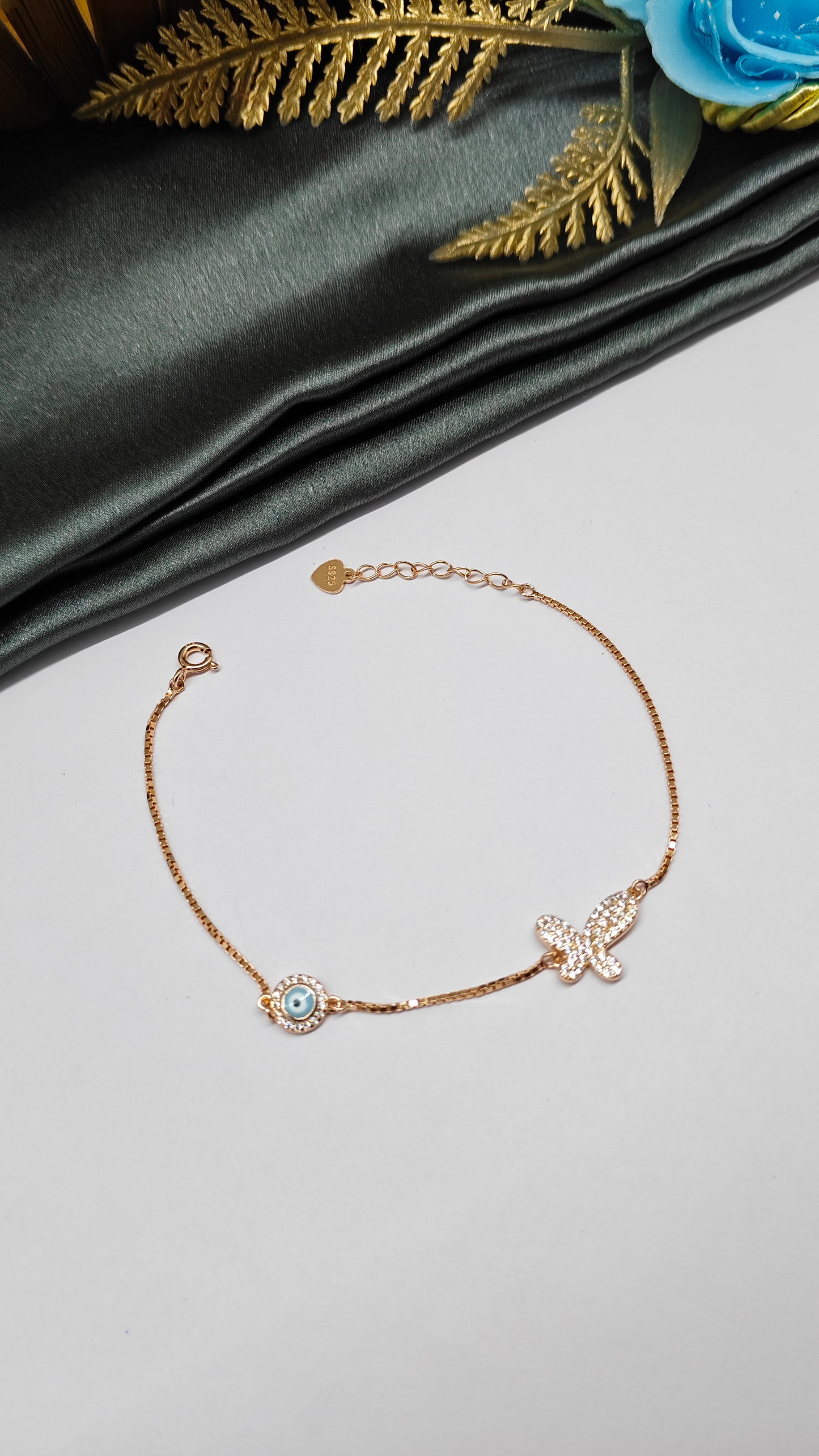925 Silver Rose Gold Colour Butterfly With Evil Eye Design Bracelet