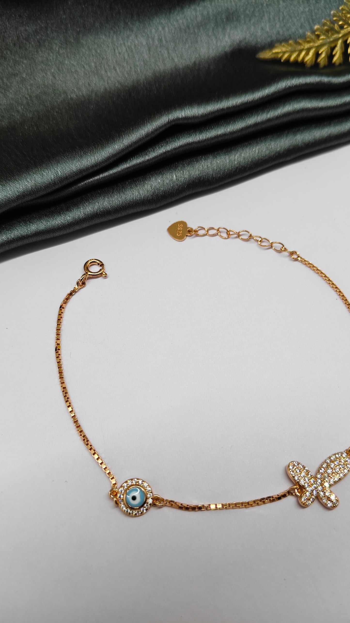 925 Silver Rose Gold Colour Butterfly With Evil Eye Design Bracelet