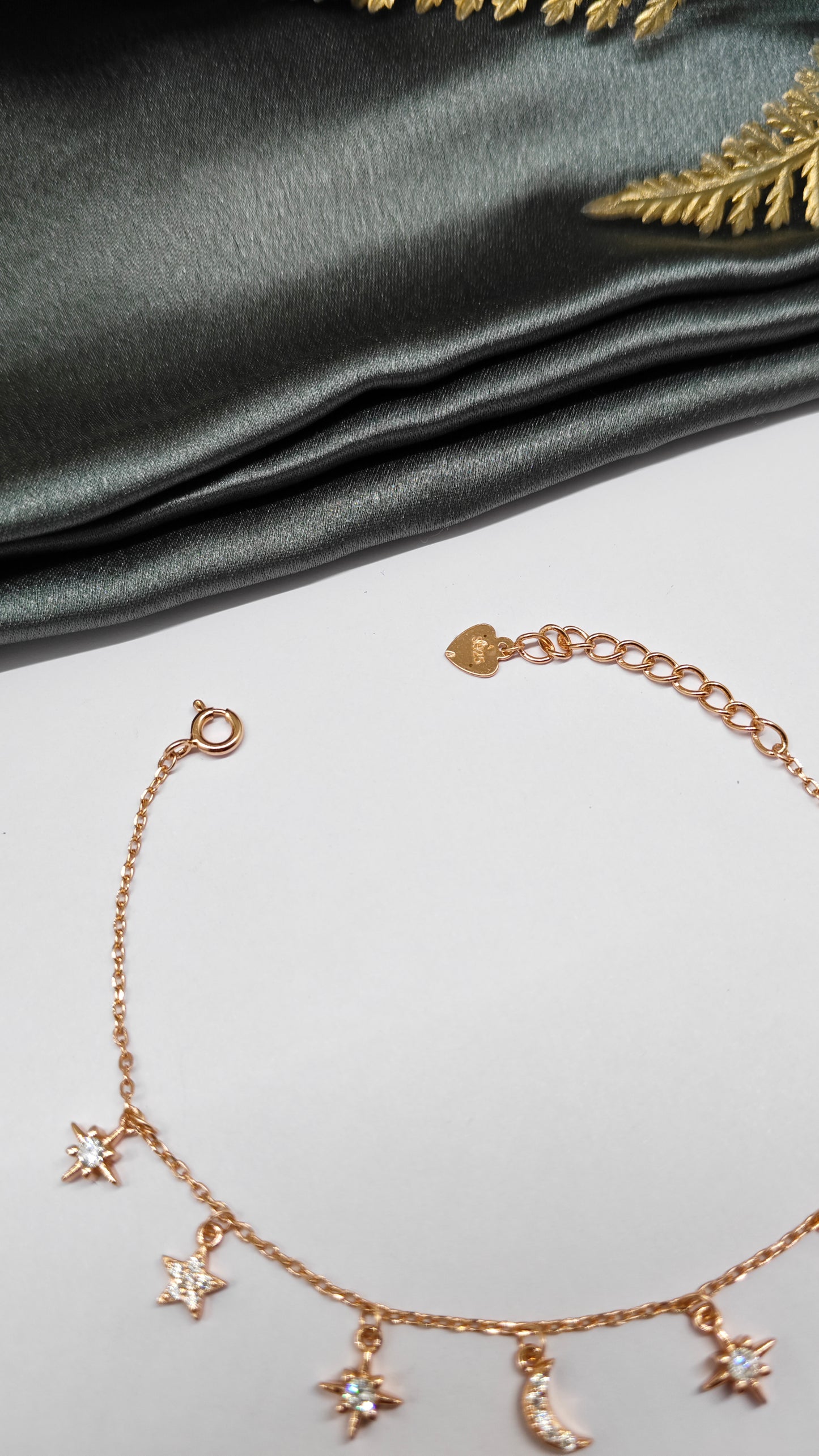 925 Silver Rose Gold Colour Star With Moon Stone Hanging Design Bracelet