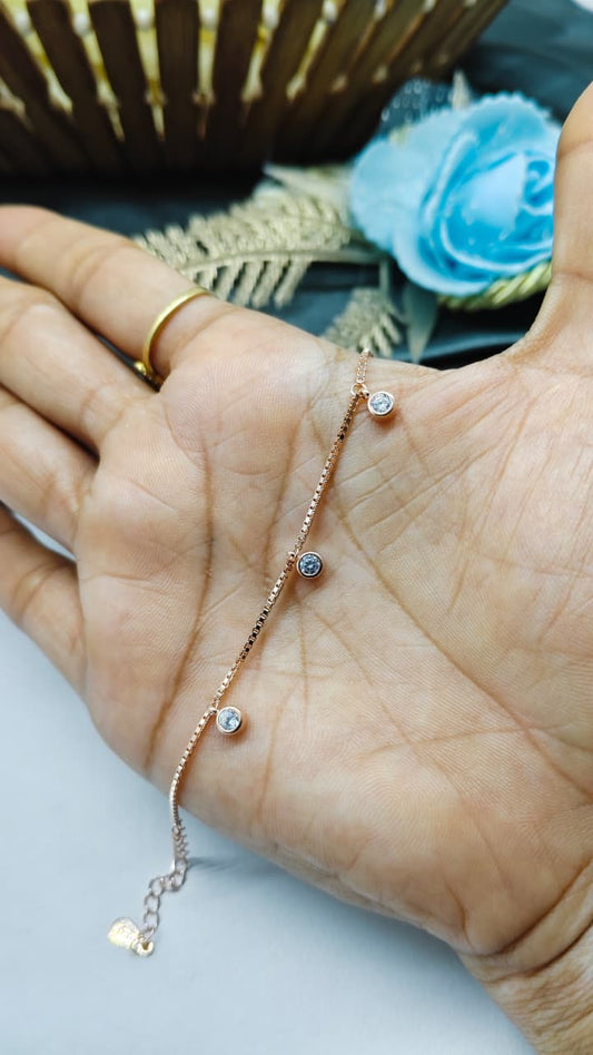 925 Silver Rose Gold Colour Small White Stone Hanging Design Bracelet