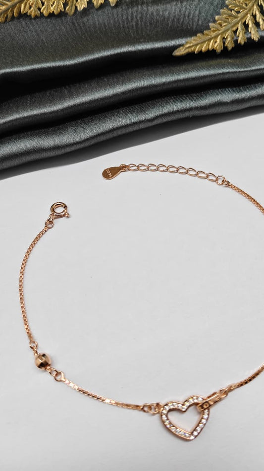 925 Silver Rose Gold Colour Heart Design Bracelet