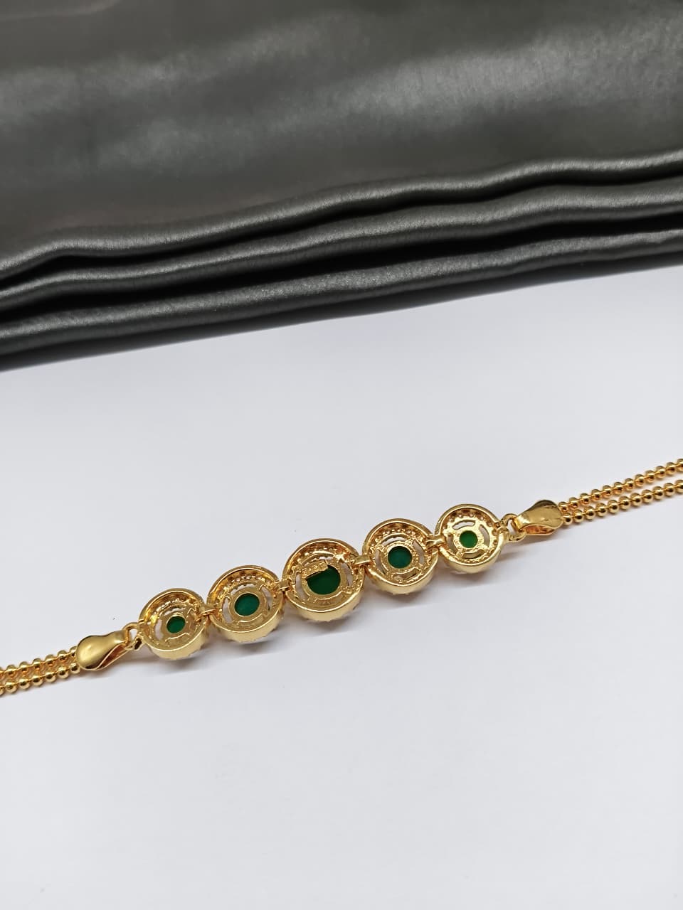 925 Silver Regular Gold Colour 5 Solitare Green Stone With White Stone Design Bracelet