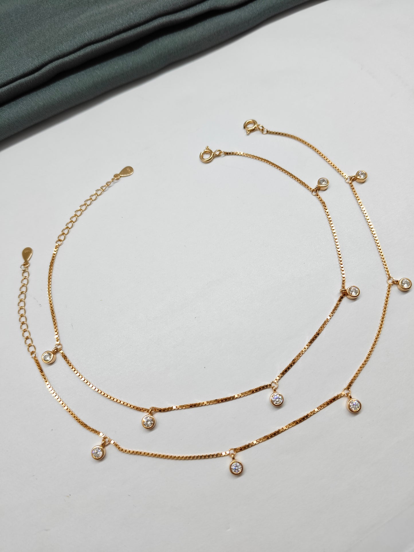 925 Silver Rose Gold Colour White Stone Hanging Design Anklets