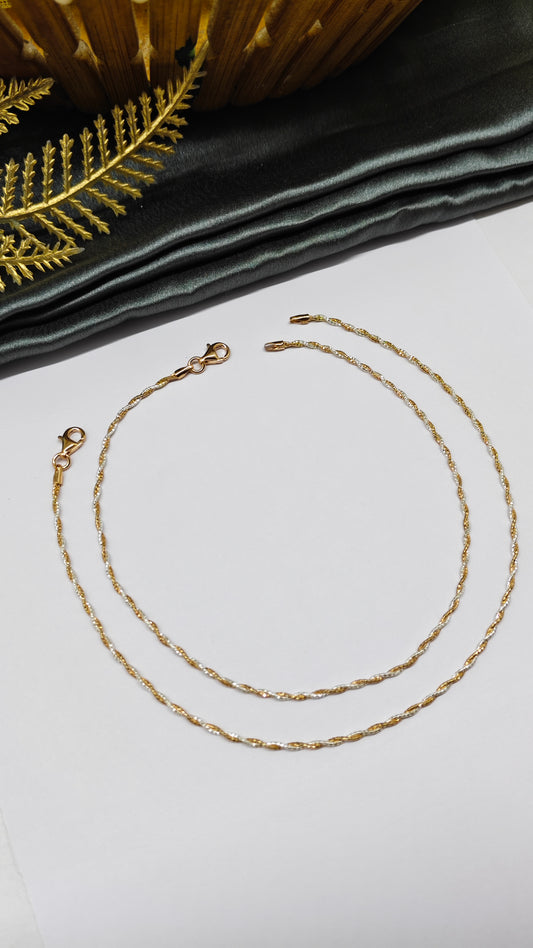 925 Silver Two Tone Rose Gold -Silver Colour Rope Design Anklet Pair