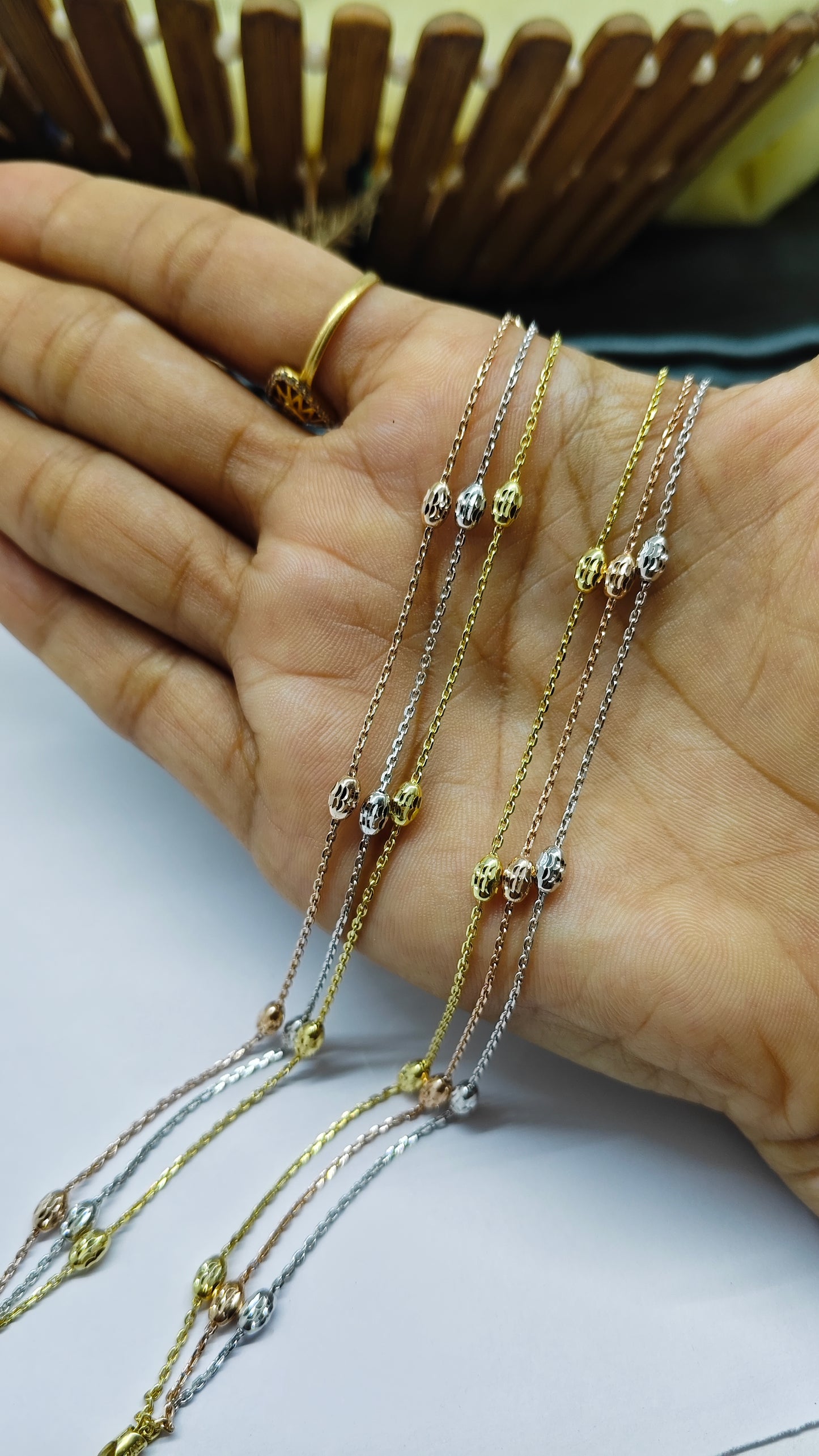 925 Silver 3 Layer Tone Rose-Gold-Silver Colour Beads Design Anklet Pair