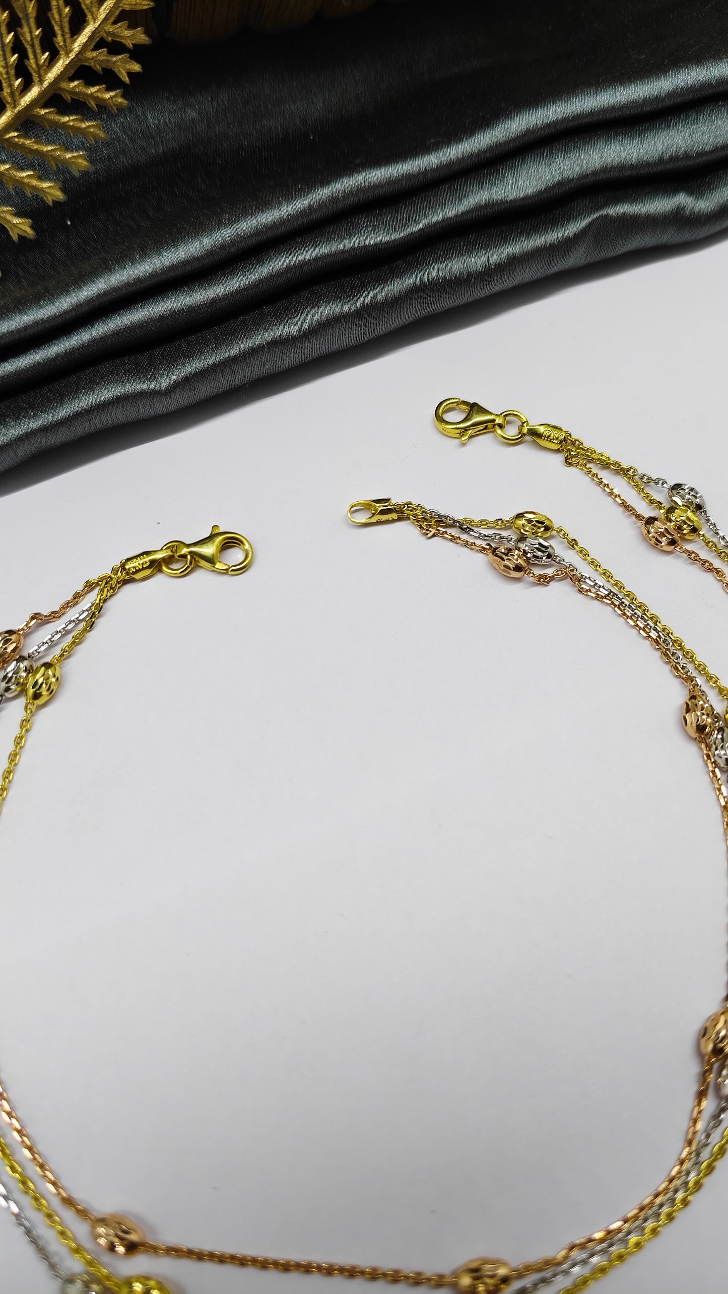 925 Silver 3 Layer Tone Rose-Gold-Silver Colour Beads Design Anklet Pair