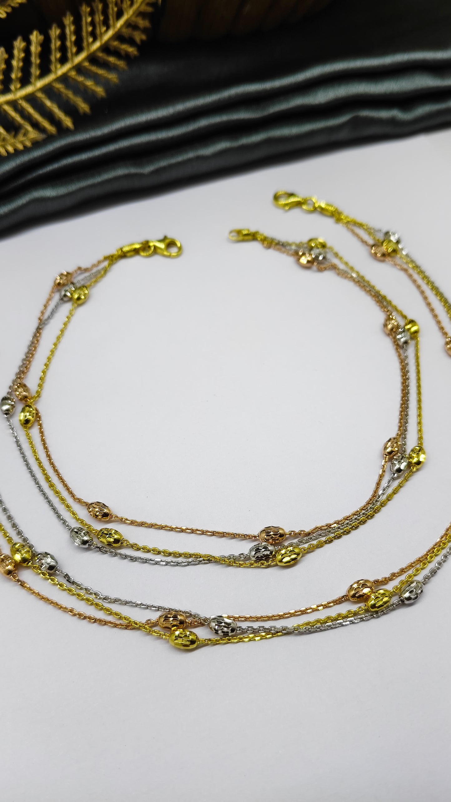 925 Silver 3 Layer Tone Rose-Gold-Silver Colour Beads Design Anklet Pair
