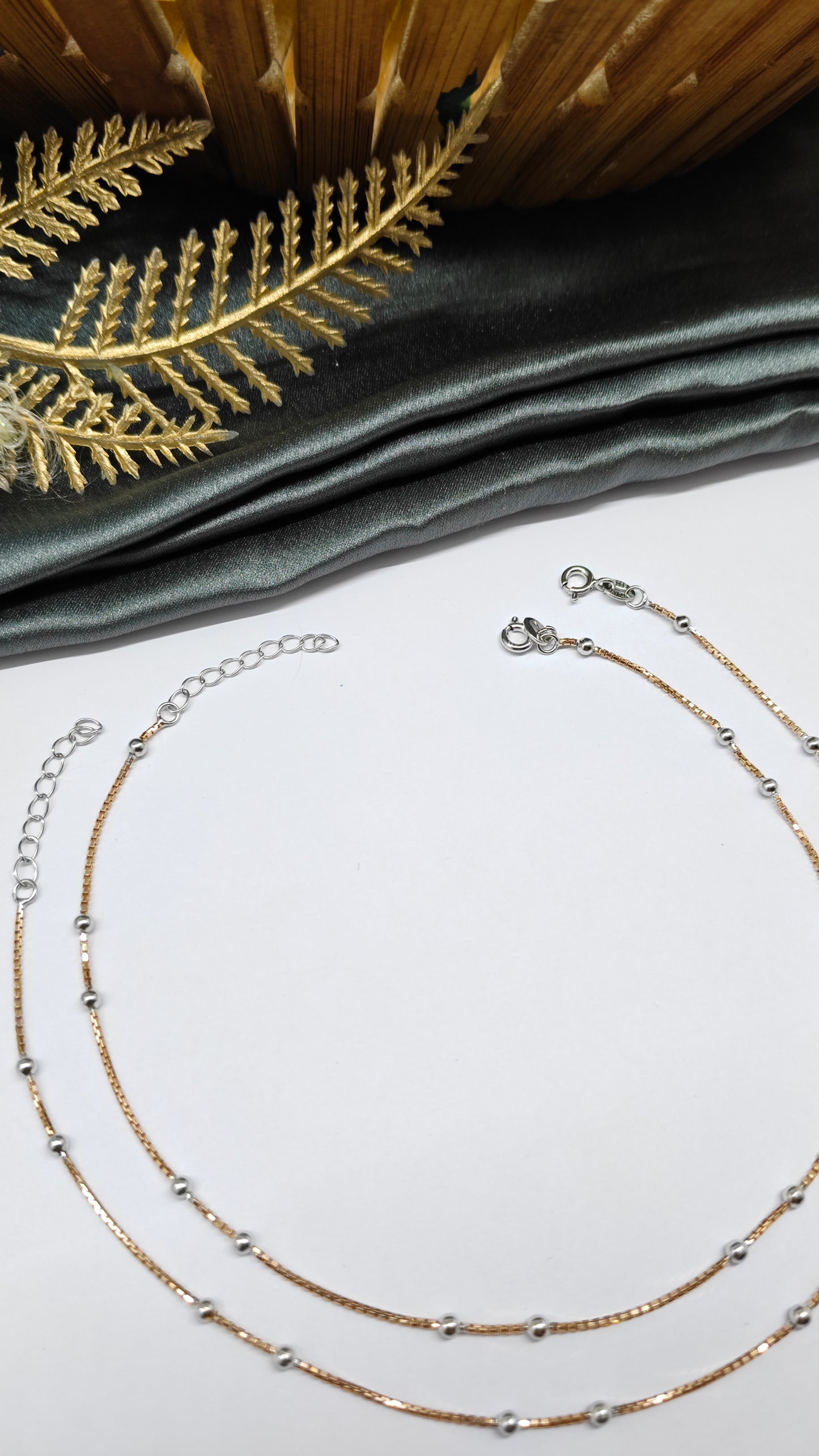 925 Silver Two Tone Rose Gold Silver 2-2 Balls Design Anklet Pair